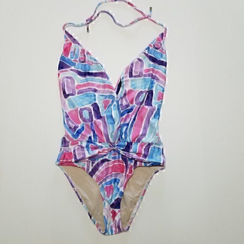 WATERCOLORS by Kenny Flowers "Waikiki" Deep V Halter One Piece Swimsuit Size M/L